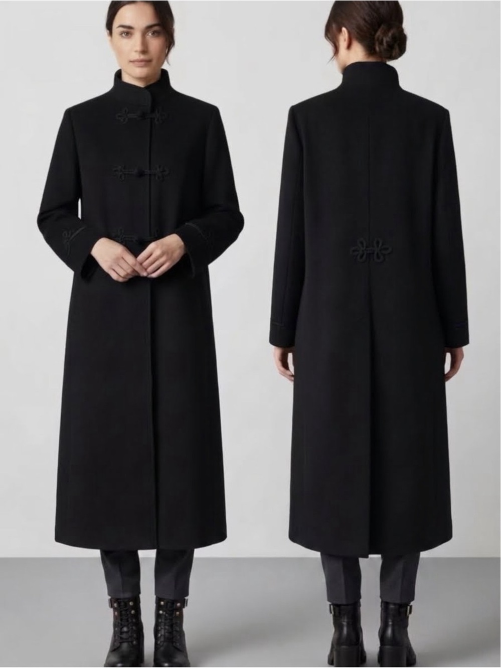 Vtg 1980s Black Wool Military Mandarin Collar Maxi Coat Frog Toggle Goth Med P